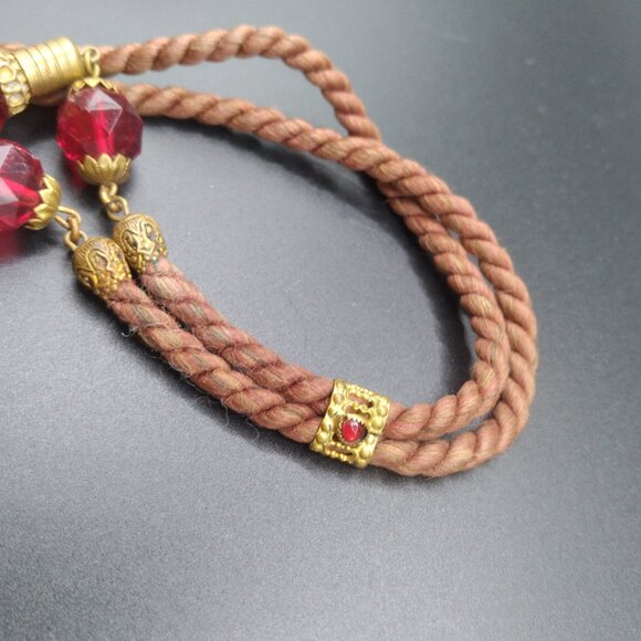 Vintage Red Czech Glass & Brass Etruscan Twisted 38'' Necklace - Picture 4 of 8